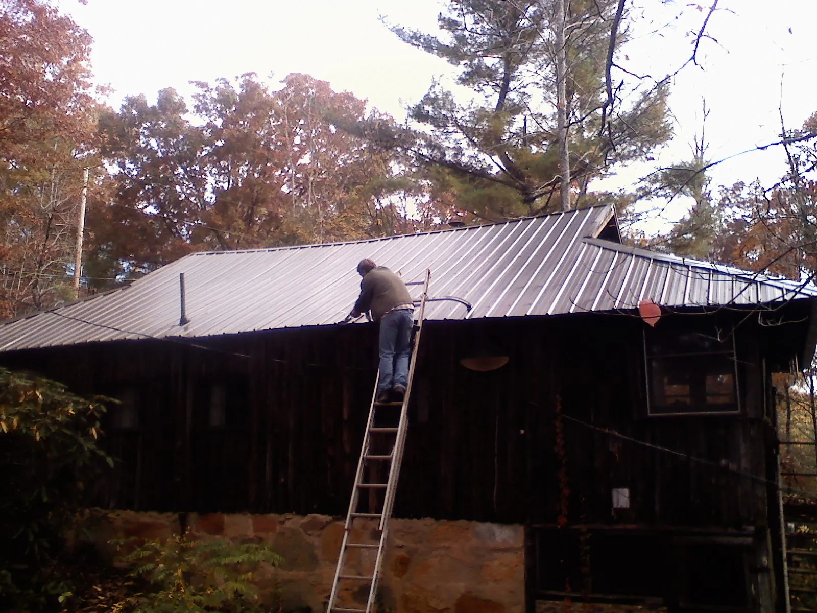 Roofer on a ladder working along the edge of a cabin metal roof in Selkirk
