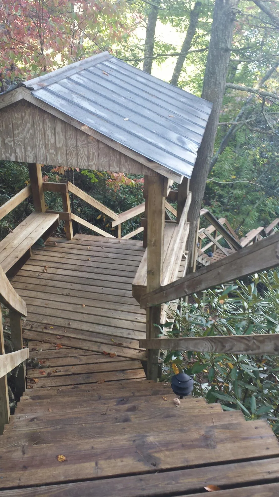 Metal roofed shelter over wooden steps on a wooded walkway — Skylight Repair & Installation work by our crew in Selkirk
